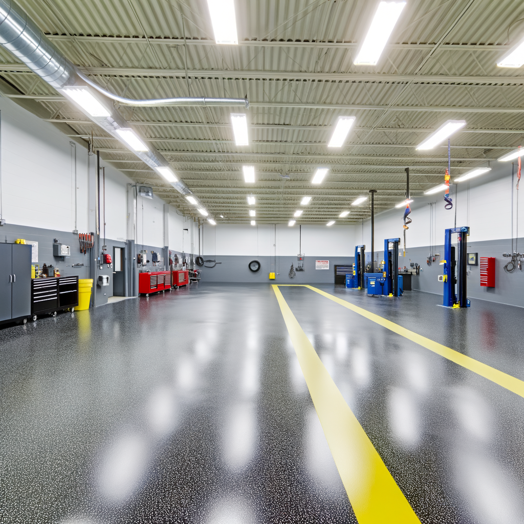 Auto repair shop with industrial gray epoxy floor in Lowell MA