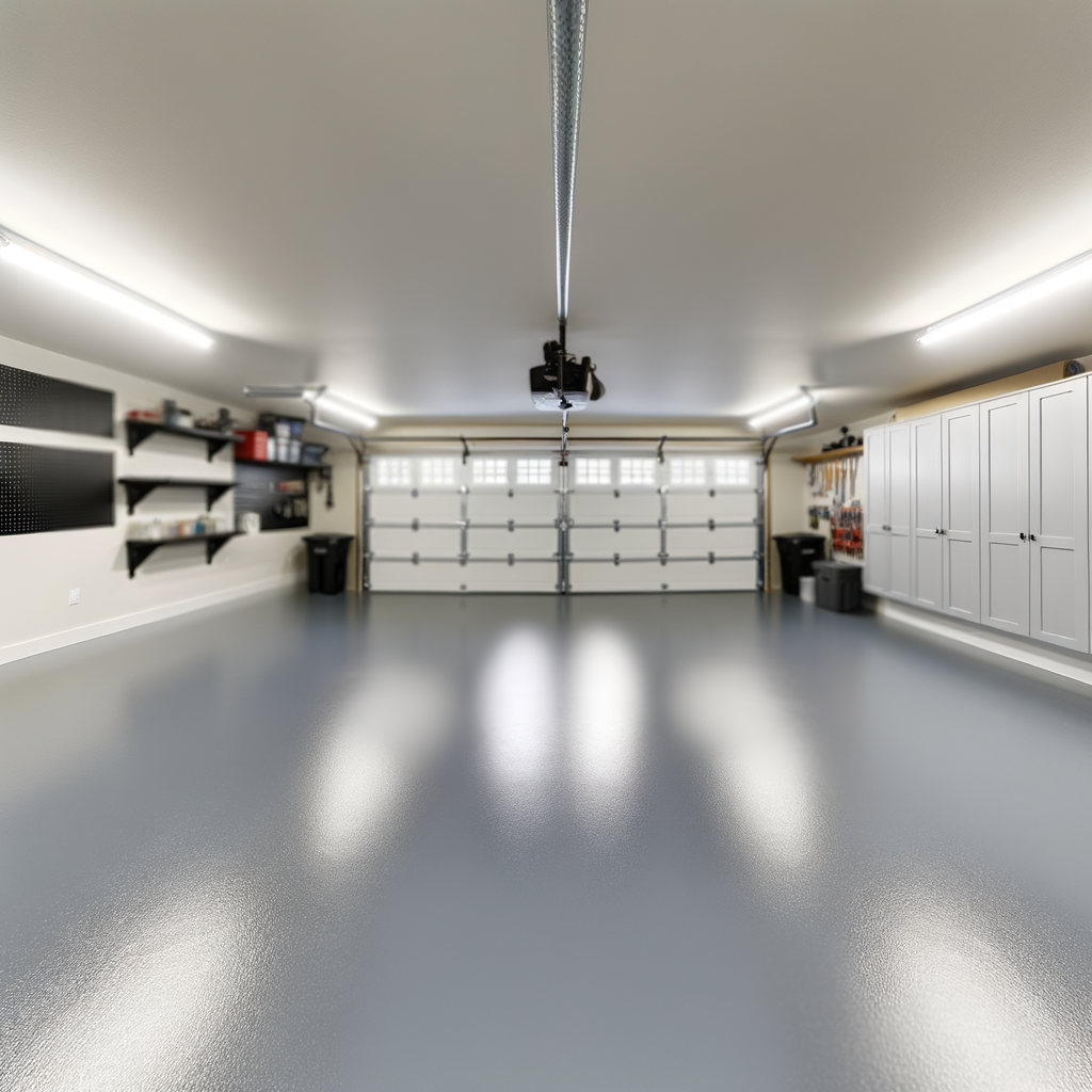 Garage floor after epoxy coating — glossy, flawless finish