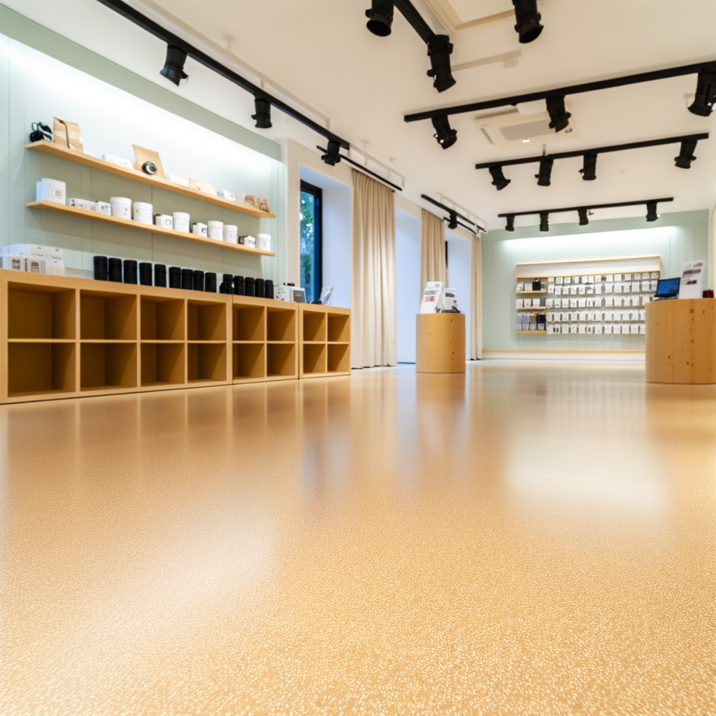 Retail showroom with blue flake epoxy floor in Boston MA