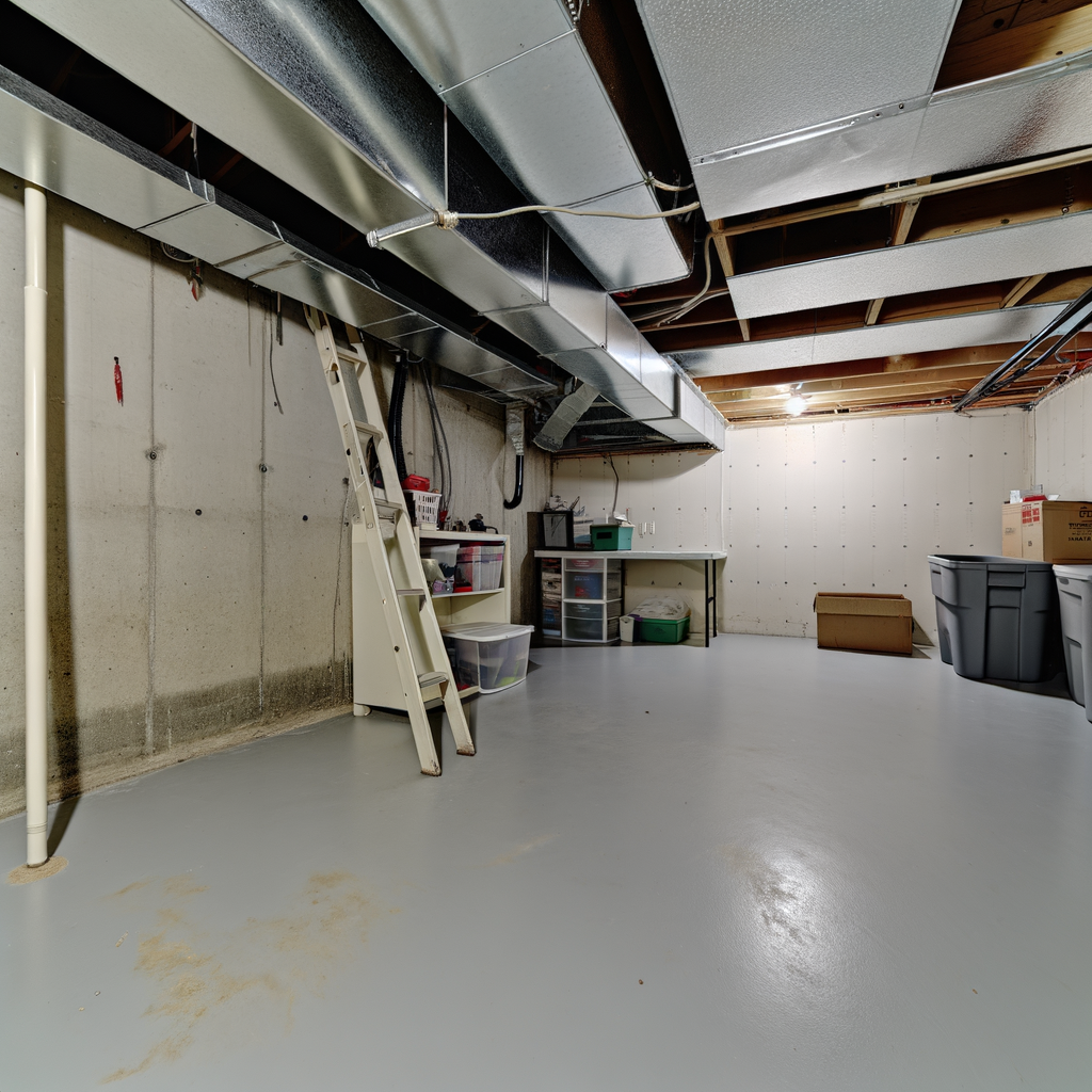 Bare concrete basement floor before epoxy