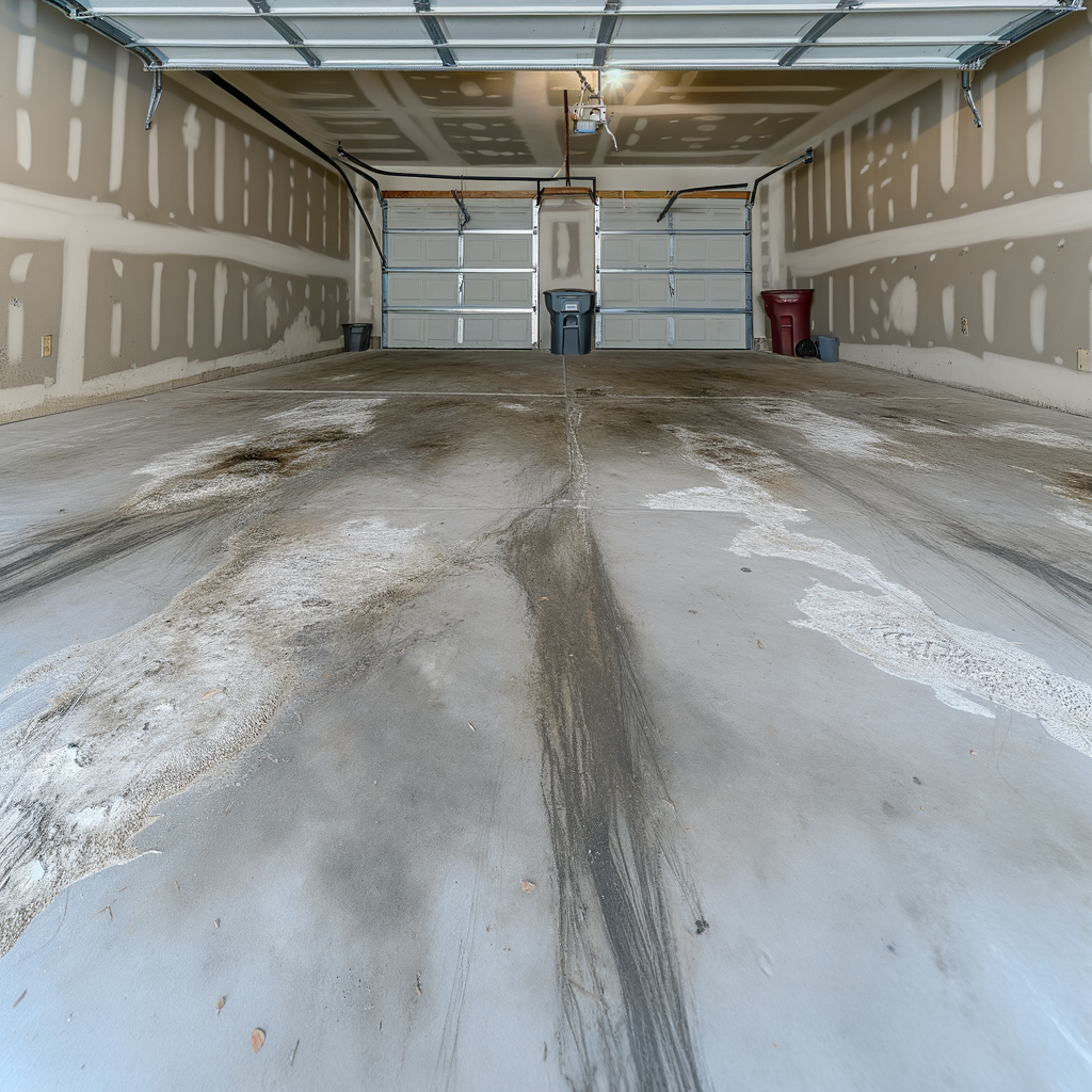 Garage floor before epoxy coating — cracked, stained concrete