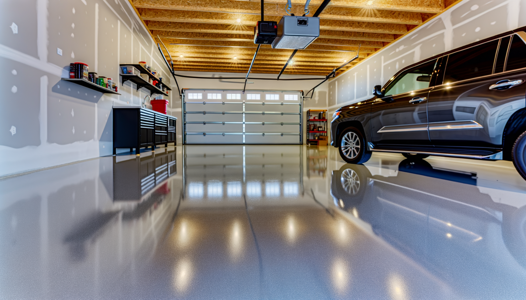 Two-car garage with decorative flake epoxy floor