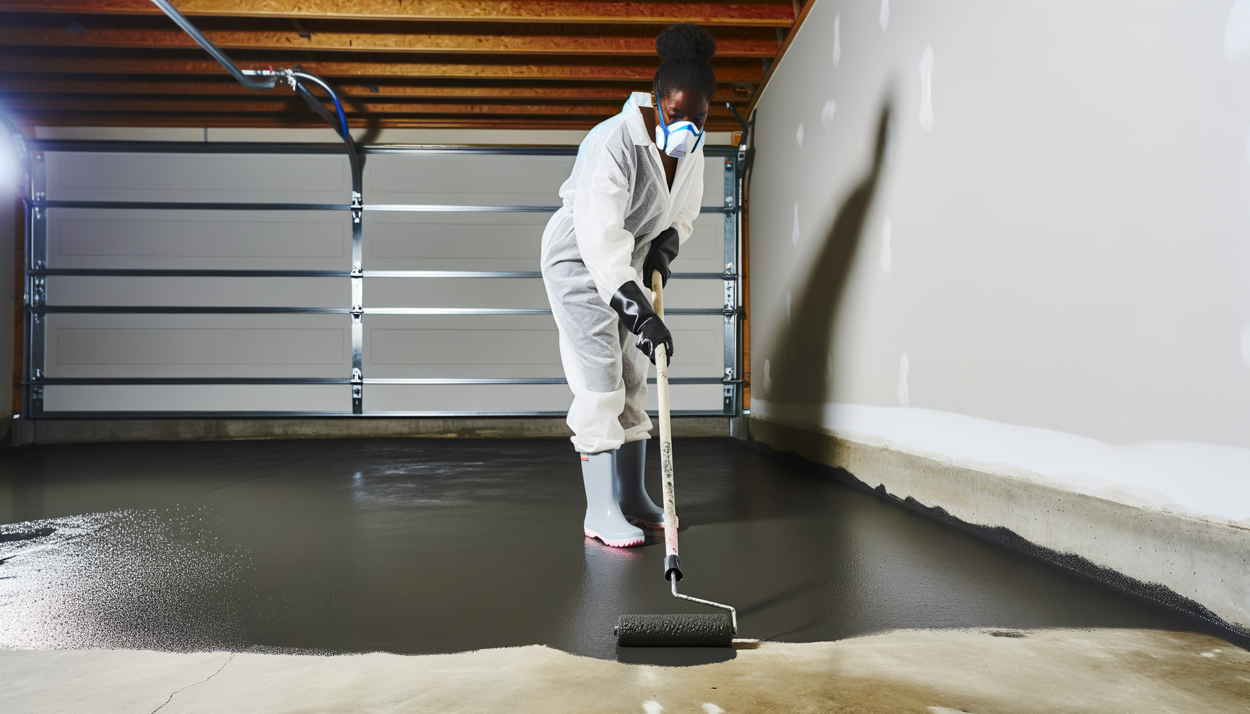 Applying 100% solids epoxy base coat to concrete floor