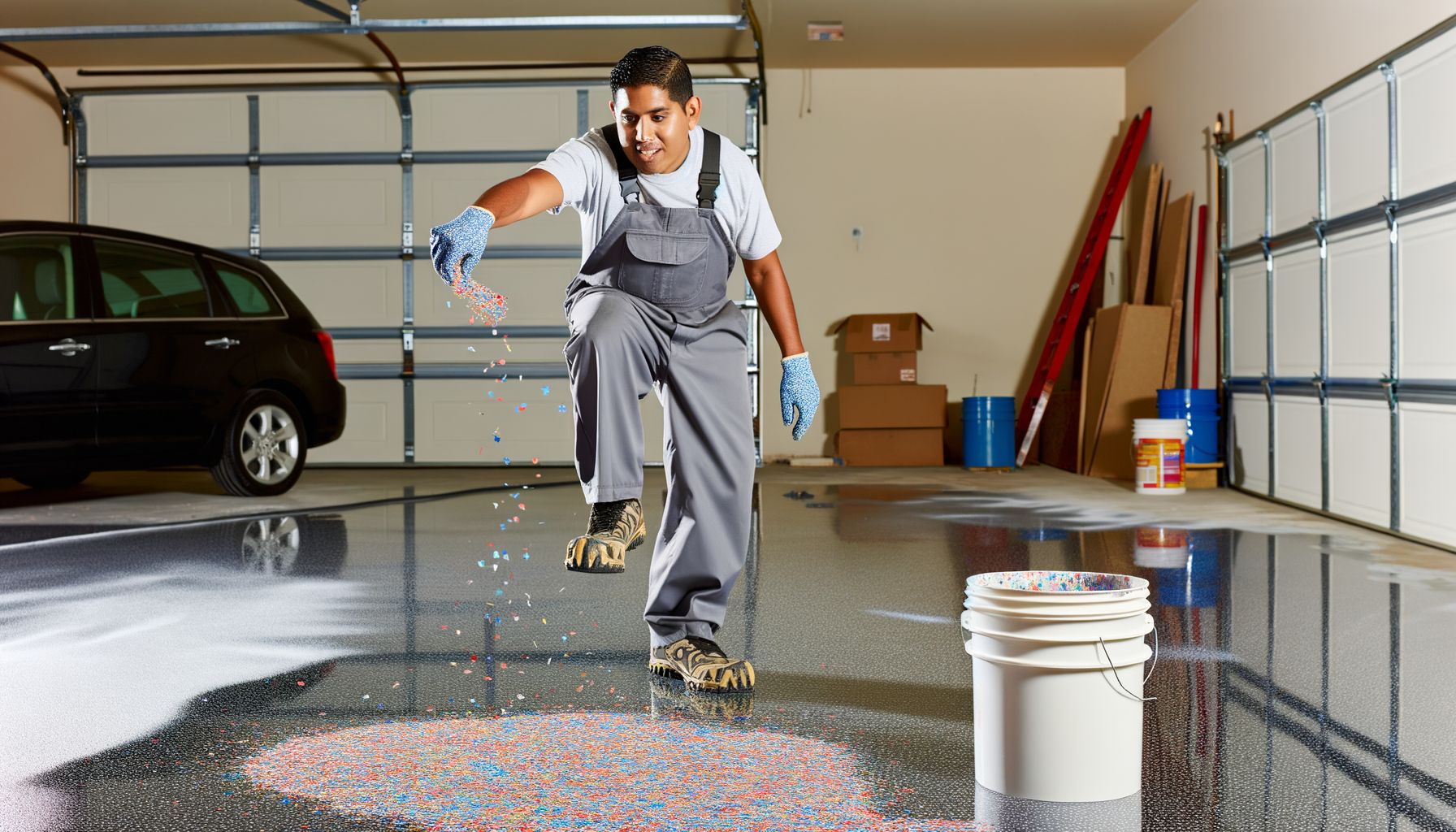 Broadcasting decorative vinyl flakes into wet epoxy